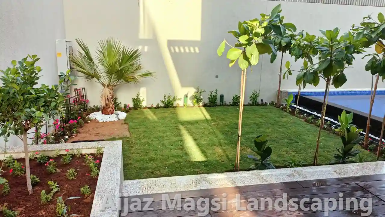 Small backyard garden design with fresh green lawn and potted plants